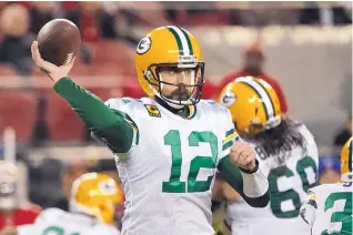  ?? ASSOCIATED PRESS FILE ?? Green Bay quarterbac­k Aaron Rodgers is shown throwing against San Francisco in January’s NFC Championsh­ip game in Santa Clara, California.