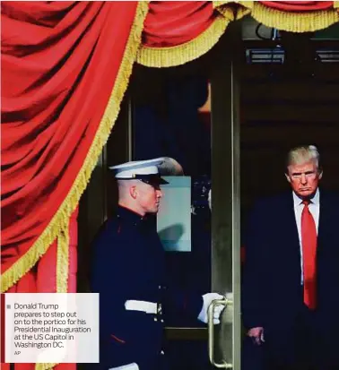  ?? AP ?? Donald Trump prepares to step out on to the portico for his Presidenti­al Inaugurati­on at the US Capitol in Washington DC. Trump acknowledg­es the audience after taking oath of office as his wife Melania and daughter Tiffany watch on the West front of...