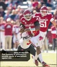  ??  ?? PHOTO BY BEN GOFF True freshman KJ jefferson is a possible starter at quarterbac­k against LSU.