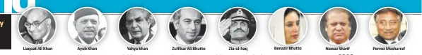  ??  ?? Liaquat Ali Khan Ayub Khan Yahya khan Zulfikar Ali Bhutto Zia-ul-haq Benazir Bhutto Nawaz Sharif Pervez Musharraf