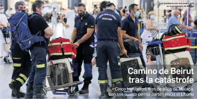  ?? JAVIER ALBIÑANA ?? Los bomberos con sus canes, ayer,
en el aeropuerto de Málaga.