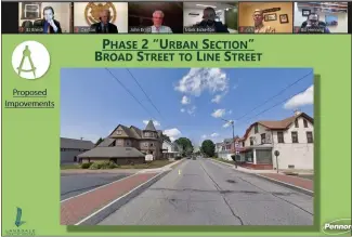  ?? SCREENSHOT OF ONLINE MEETING ?? Traffic engineer Mark Bickerton of Pennoni & Associates shows a rendering of the “Urban Section of” “Phase 2” of the borough’s planned East Main Street streetscap­e project, featuring new crosswalks and sidewalks along East Main between Broad and Line Streets.