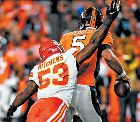  ?? TAMMY LJUNGBLAD/KANSAS CITY STAR ?? In his return from injury last week, Anthony Hitchens sacked Broncos QB Joe Flacco twice and forced a fumble.