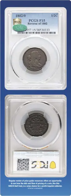  ??  ?? Regular review of price guide resources offers an opportunit­y to see how the ebb and flow of pricing of a coin, like this 1802/0 Half Cent, is a wise choice for a profit-hopeful collector. STACK’S BOWERS