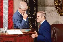  ?? Alex Brandon/associated Press ?? Temporary House leader Rep. Patrick Mchenry talks with Rep. Jim Jordan, who was refusing to give up his bid for speaker.