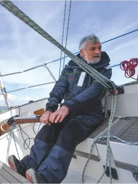  ??  ?? Jean-luc Van Den Heede at the helm of his Rustler 36 Matmut