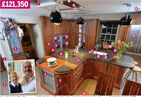  ??  ?? 1
2
3
1. Laundry room with units including a dog cabinet with a bed for the family’s dalmatian dog: £18,000 2. Textured porcelain tiles with underfloor heating: £7,500
3. Blackboard with cabinet: £3,000
4. Gaggenau wine cooler: £1,900
5. Solid...