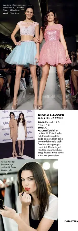  ??  ?? Systrarna tillsamman­s på catwalken 2012 under Sherri Hill Fashion Week i New York. Vackra Kendall Jenner är nytt ansikte för Estée Lauder i vår.
Ålder: Kendall, 19 år, Kylie, 17 år. Bor: L.A.
Aktuell: Kendall är ansiktet för Estée Lauder och...