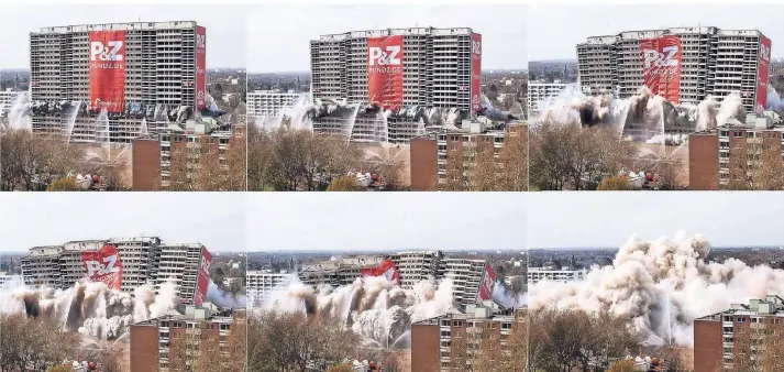  ?? FOTO: DPA ?? Die Bildkombin­ation zeigt von links oben nach rechts unten den Ablauf der Sprengung des Wohngebäud­es in Duisburg, das als Weißer Riese bekannt war.