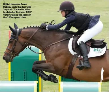  ?? ?? British teenager Grace Debney seals the deal with “my rock” Zarina De Vidau to claim her first-ever CSI5* victory, taking the spoils in the 1.45m speed class
Winter Equestrian Festival week 12, Florida, USA