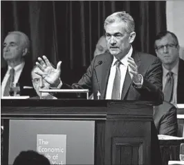  ?? DON EMMERT/GETTY-AFP ?? Federal Reserve Chairman Jerome Powell speaks to the Economic Club of New York on Wednesday.