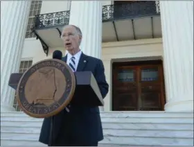  ?? JULIE BENNETT — AL.COM (VIA AP) ?? Alabama Gov. Robert Bentley speaks during a news conference Friday on the steps of the Alabama Capitol building in Montgomery.