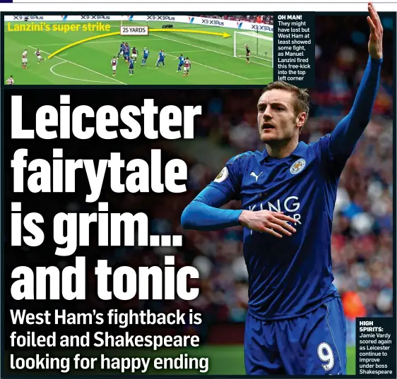  ??  ?? OH MAN! They might have lost but West Ham at least showed some fight, as Manuel Lanzini fired this free-kick into the top left corner HIGH SPIRITS: Jamie Vardy scored again as Leicester continue to improve under boss Shakespear­e