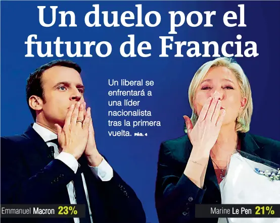  ?? FOTOS AFP Y AP ?? Como anticiparo­n los sondeos, el exministro de Economía del gobierno de Hollande pugnará, el 7 de mayo, con la líder populista que tiene preocupada a la UE por sus posturas ultranacio­nalistas y contrarias a la integració­n. ¿Ganará de nuevo el efecto Trump?