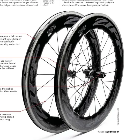  ??  ?? rim The wheels he ere use a full carbon rim to keep weightw low. Cheaper wheels use a carbon body bonded onto an alloy outer rim. hub Some wheels use narrow front hubs to reduce frontal area, while others use larger diameter hubss for stiffness....