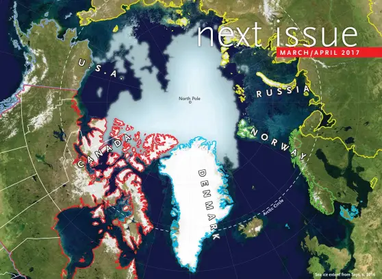  ??  ?? North Pole Canadian Geographic looks at the North U. S. A. A RUSSI N O R W AY A D A N A C D E N M A R K le rc Ci c cti Ar Sea ice extent from Sept. 6, 2016