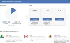  ??  ??   La page Web Espace de Stockage Google Drive vous indique le volume de données atteint par vos fichiers, mails et photos stockés dans Google Drive. Vous pouvez acheter plus d’espace de stockage en cas de besoin.