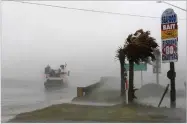  ?? AP PHOTO BY TOM COPELAND ?? A work truck drives on Hwy 24 as the wind from Hurricane Florence blows palm trees in Swansboro N.C., Thursday, Sept. 13.