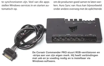  ??  ?? De Corsair Commander PRO stuurt RGB-ventilator­en en -strips aan van zijn eigen merk. Hij heeft verbinding­en met usb en je voeding nodig en is instelbaar via Windows-software.