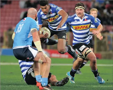  ?? Picture NOOR SLAMDIEN ?? HIGH HOPES: Western Province’s Damian Willemse goes airborne as he tries to evade the Bulls defence .