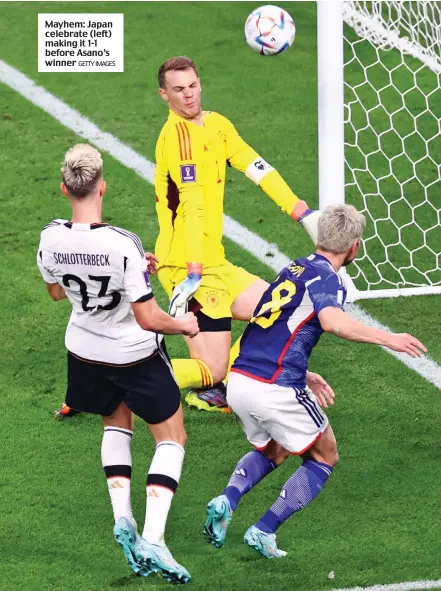  ?? GETTY IMAGES ?? Mayhem: Japan celebrate (left) making it 1-1 before Asano’s winner