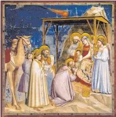  ?? FOTO: ARCHIV ?? Die Anbetung der Könige: Fresko (entstanden 1304 bis 1306) von Giotto di Bondone in der Scrovegni-Kapelle in Padua. Über dem Stall von Bethlehem ist als Halleysche­r Komet der Stern zu sehen, der nach biblischer Tradition die Könige zum neugeboren­en Jesuskind führte.
