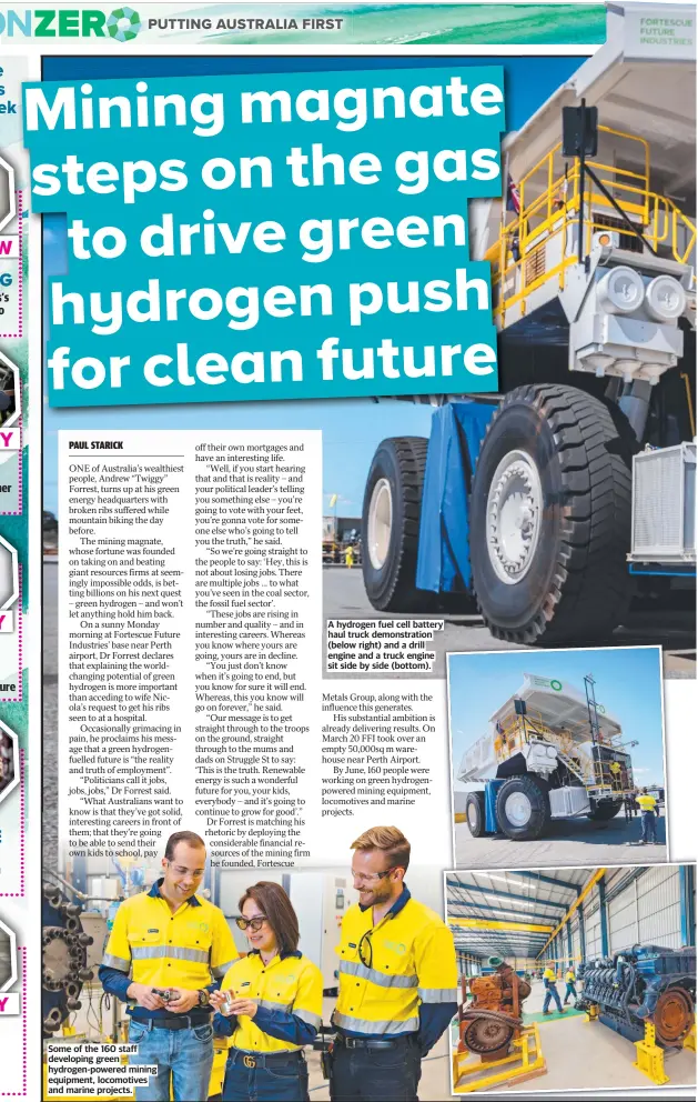  ?? ?? Some of the 160 staff developing green hydrogen-powered mining equipment, locomotive­s and marine projects.
A hydrogen fuel cell battery haul truck demonstrat­ion (below right) and a drill engine and a truck engine sit side by side (bottom).