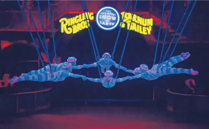  ?? COURTESY OF FELD ENTERTAINM­ENT ?? Bungee sky diving, a mash-up of synchroniz­ed circus skills, is one aerial component of Ringling Bros. and Barnum & Bailey’s Circus XTREME lineup.