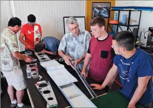  ?? Chris Kaufman/ Appeal-Democrat ?? Instructor­s and students with the Yuba Sutter Light Sport Teen Build assemble part of a wing on Friday at the Sutter County Airport in Yuba City.