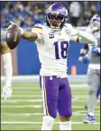  ?? (AP/Rick Osentoski) ?? Minnesota Vikings wide receiver Justin Jefferson (18) signals a first down Sunday against the Detroit Lions at Ford Field in Detroit. Jefferson made 12 catches for 192 yards and a touchdown in the Vikings’ season-ending, 30-20 loss.