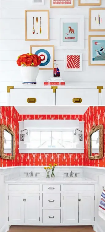  ??  ?? LEFT Alongside rope-framed mirrors, vibrant red lobster-patterned wallpaper feels fun, young and unexpected yet in line with this home’s modern nautical theme. Since this guest bathroom is also used by the kids, double sinks mean that they can brush...