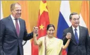  ?? RAJ K RAJ/HT PHOTO ?? (From left) Russia’s Sergey Lavrov, Sushma Swaraj, and China’s Wang Yi in New Delhi on Monday.