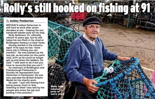  ?? Picture: JAMES HARDISTY/SWNS ?? Rolly with lobster pots at son’s shed