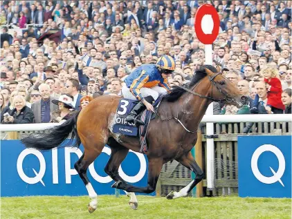  ??  ?? Classic victory: Churchill, under Ryan Moore, delivers the goods to the joy of favourite backers and his recordbrea­king trainer Aidan O’Brien