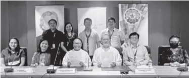  ?? ?? ATTENDING the MOA signing were, sitting, from left are SSC School of Arts and Sciences Dean Faye Rafael, SSC Vice President for Academic Affairs Virginia Fornias PHD, SSC President Sr. M. Christine Pinto, OSB, DLSU President Br, Bernard Oca FSC, DLSU Provost Dr. Robert Roleda, and Associate provost Dr. Elenita Garcia. Standing, from left are DLSU College of Liberal Arts Dean Dr. Rhoderick Nuncio, BAG CED Associate Dean Dr. Rochelle Lucas, DLSU University Registrar Dr. Nelson Marcos, and BAG CED Dean Dr. John Addy Garcia.