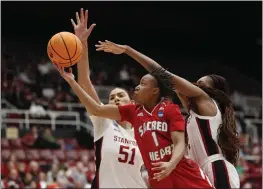  ?? KARL MONDON — BAY AREA NEWS GROUP ?? Sacred Heart's Ny'Ceara Pryor (1) is fouled driving on Stanford's Lauren Betts (51) in the first half of a Women's NCAA Tournament game on Friday at Maples Pavilion in Stanford.