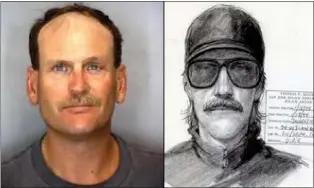  ?? PHOTOS COURTESY OF THE SANTA CLARA COUNTY DA'S OFFICE ?? Pictured are a 2006bookin­g photo of Thomas John Loguidice, left, and a 1994San Jose police sketch of a suspect wanted in a cold-case kidnapping and assault at Oakridge Mall that year. Loguidice has been charged with the 1994case after investigat­ors matched forensic evidence from that crime scene to his DNA sample taken after a separate 2012 sexual abuse conviction in San Benito County, authoritie­s said.