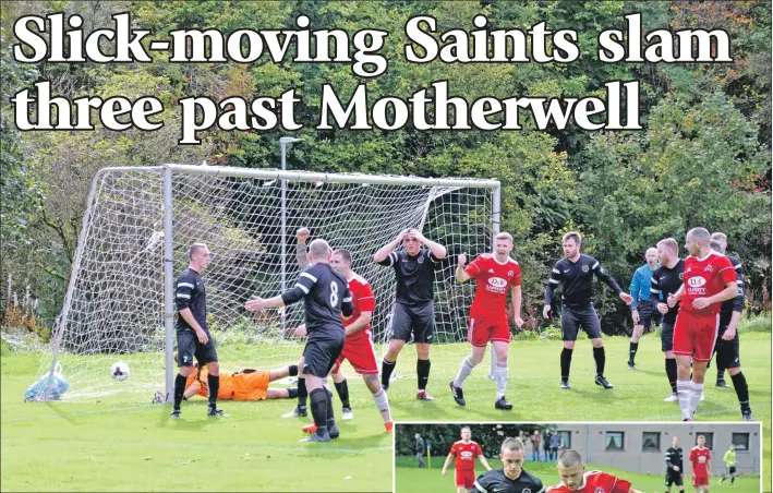  ??  ?? Different emotions as Donald Campbell opens the scoring against Motherwell Thistle at Glencruitt­en last Saturday. Photos: David McPhee