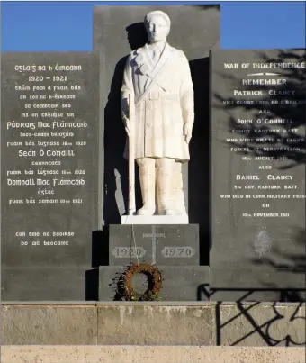  ??  ?? The monument in Derrygallo­n commemorat­ing Patrick Clancy and John O’Connell, who died at Derrygallo­n in August 1920, and Daniel Clancy, who died in Cork Military Prison in November 1921. The monument was erected in 1970.