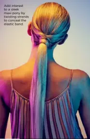  ??  ?? Add interest to a sleek maxi pony by twisting strands to conceal the elastic band.