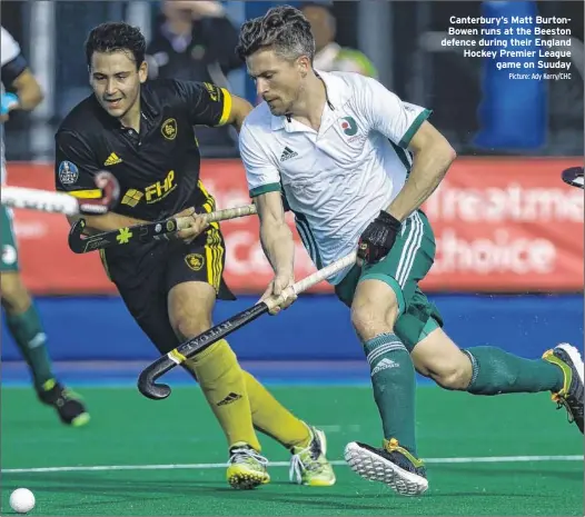  ?? Picture: Ady Kerry/chc ?? Canterbury’s Matt BurtonBowe­n runs at the Beeston defence during their England Hockey Premier League game on Suuday