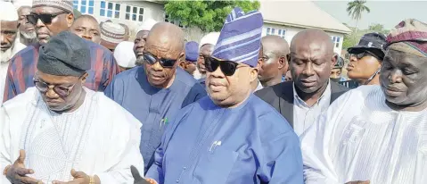  ?? ?? Ataoja of Osogbo, Oba Jimoh Olanipekun ( left); Osun State Deputy Governor, Kola Adewusi; Governor Ademola Adeleke and Timi of Edeland, Oba Munirudeen Adesola, during the foundation- laying ceremony of the hajj camp in Osogbo… yesterday.