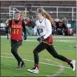  ?? RANDY MEYERS — THE MORNING JOURNAL ?? Taylor Baiers of Avon Lake runs past Elaina Walcutt of Brecksvill­eBroadview Heights during the first half.