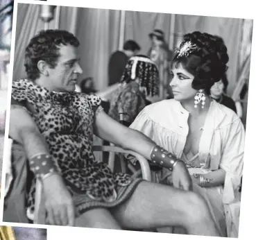  ?? ?? Fateful attraction: Elizabeth Taylor sizzles as Cleopatra and, above, gazes adoringly at Richard Burton as Mark Antony on set