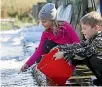  ??  ?? Katie Watts, 8, and Luke Watts, 7, help release salmon.