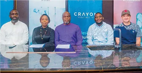  ?? ?? Director, Jabetza Realty, Efe Shaire ( left); Managing Director, Crayon Developmen­t, Bolanle Ibitola; AGM, Classroom by Ultimus, Nnamdi Azike; Project Architect, Crayon Developmen­t, Adebayo Ojo; and Product Director, Classroom by Ultimus, Elvis Krivokuca, during the signing of a partnershi­p agreement between Crayon Developmen­t and Ultimus Holdings for the Indigo Residence Luxury Apartments project in Lagos.