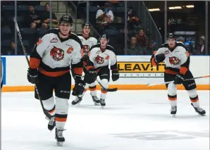  ?? NEWS PHOTO RYAN MCCRACKEN ?? Medicine Hat Tigers captain Mark Rassell leads his team back to the bench after scoring a goal against the Edmonton Oil Kings during first period Western Hockey League action at the Canalta Centre on Feb. 7, 2018.