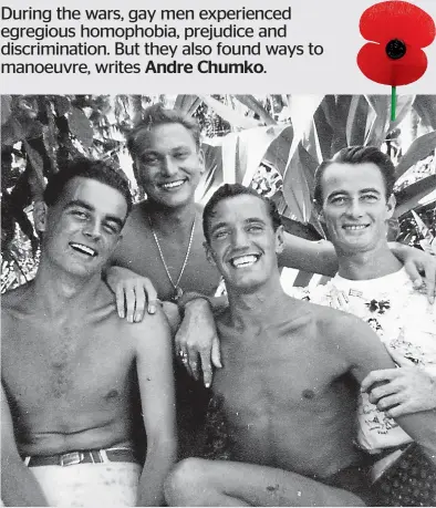  ??  ?? From left, Douglas Morison, a gay American soldier with dogtags, Harold Robinson and Ralph Dyer during the Pacific Campaign.