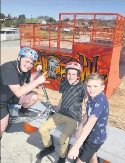  ??  ?? PROJECT CONTINUES: From left, Taj Studd, Jake Taylor and Ethan Edwards at the new Ararat Bill Waterston Skate Park.Picture: PAUL CARRACHER