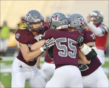  ?? PHOTOS BY TED MCCLENNING/CONTRIBUTI­NG PHOTOGRAPH­ER ?? From left, No. 45, linebacker/tight end Chad Curtis; No. 55, sophomore Grey Mourot; and No. 72, senior Dawson Granberry, clash during a recent Morrilton scrimmage.